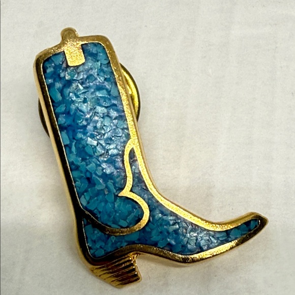 Gold tone and Blue mosaic Cowboy Boot Pin brooch tac western southwestern boho - Picture 6 of 14